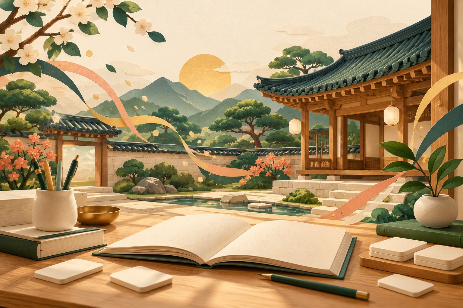 An imagined Korean courtyard with a study desk and music-inspired shapes